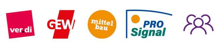 Logos: ver.di, GEW, mittelbau, ProSignal and friends