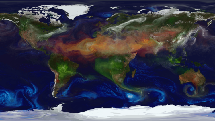 Bild der gesamten Erdoberfläche mit Kontinenten und Ozeanen, darüber die Aerosolverteilungen als zusätzliche Farbschattierungen.