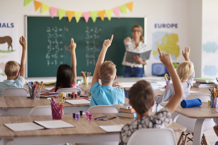 Es ist ein Klassenraum zu sehen. Vorne steht eine Lehrkraft. Vor ihr sitzen 5 Schüler:innen, die die Hand heben. Im Hintergrund ist eine grüne Tafel zu sehen.