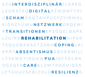 Wortwolke, die unterschiedliche Schlüsselwörter enthält, die die Fachgruppe beschreiben: Rehabilitation, interdisziplinär, digital, Scham, Netzwerk, Transitionen, Coping, Absentismus, PUA, Care, Resilienz