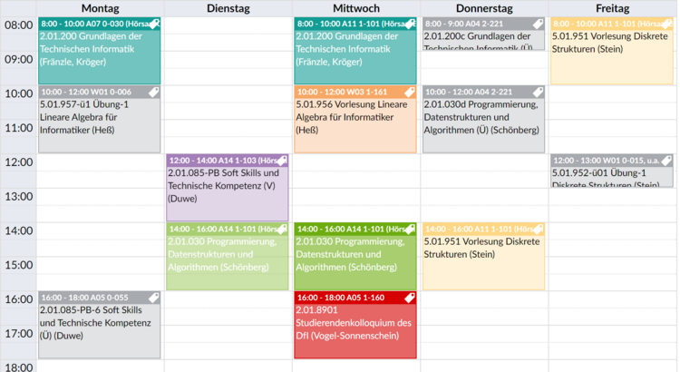 Vorlesungsstundenplan für das 1. Sem. im FB Informatik 