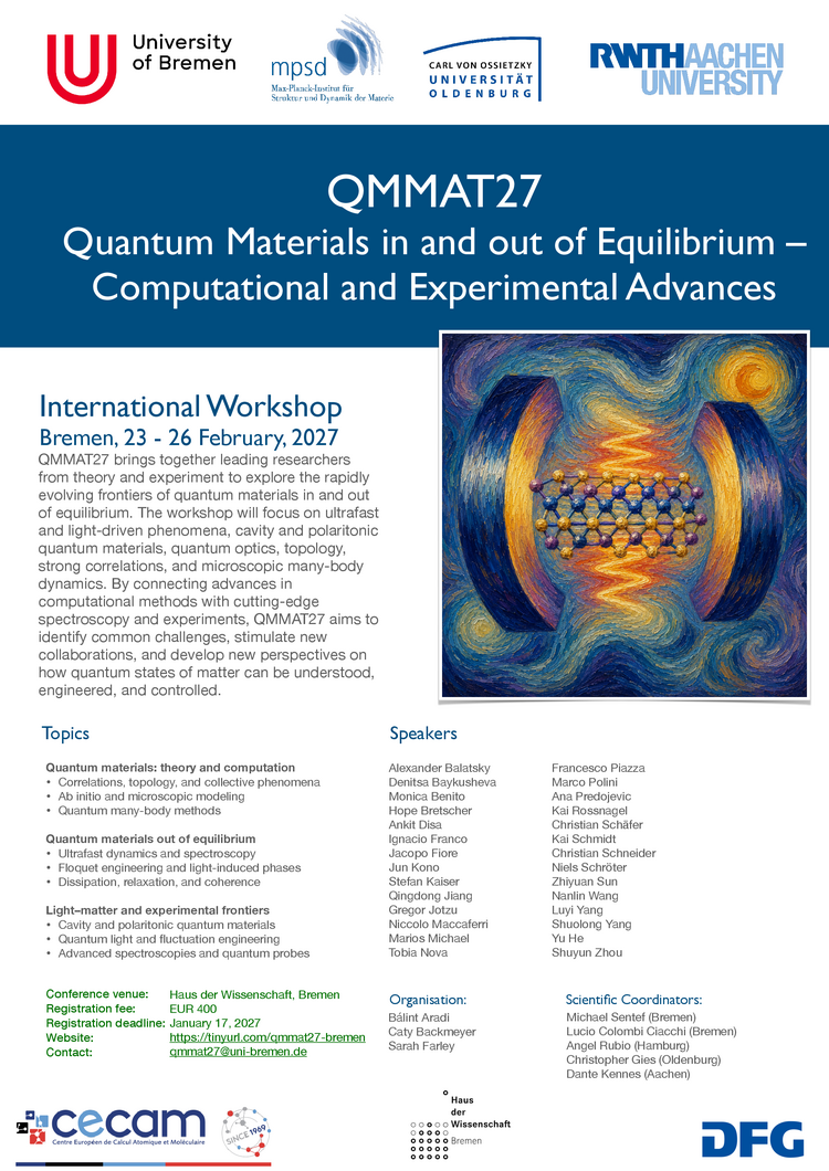 Poster zum CECAM-Workshop QMMAT27: Quantum Materials in and out of Equilibrium, Bremen, 23.-26. Februar 2027