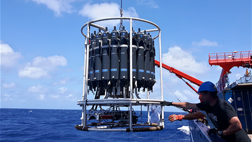 Water samples collected in different depths in the North Atlantic Ocean by deploying a rosette, containing Niskin bottles and physical sensors [Photo: M. Seidel].