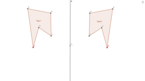 A screenshot from GeoGebra. Two pentagons and a straight line are shown. The straight line forms the mirror axis for the pentagons.