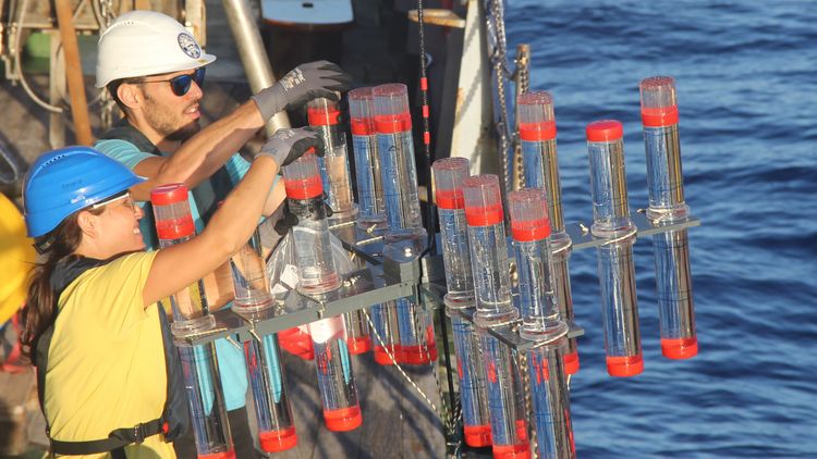 A sediment trap is launched during the POSEIDON expedition POS536 [Photo:Thea Hamm, GEOMAR].