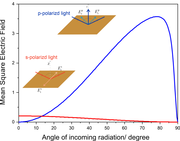 Beispieldaten und Schemata für die Reflexion von p- oder s-polarisierter IR-Strahlung an der Gold-Luft-Grenzfläche