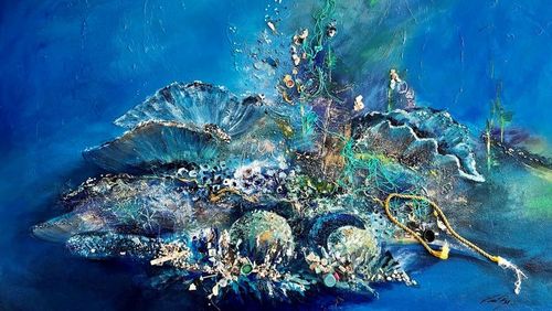 Das Gemälde „150 Millionen Tonnen – Fragile Unterwasserwelt“ befindet sich am Wilhelmshavener Standort des Instituts für Chemie und Biologie des Meeres. Bild: KARIBU