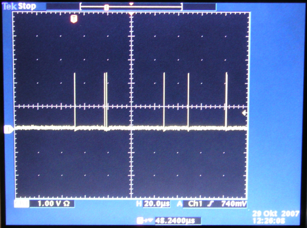 Foto des Oszilloskopbildes von gemessenen Impulsen.
