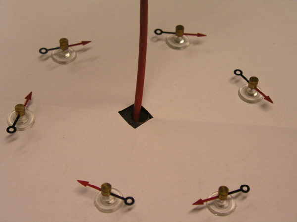Foto von Magnetnadeln als Tangenten von Kreisförmigen Feldlinien um einen Stromdurchflossenen Leiter.