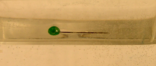 Foto einer Nadel die durch Oberflächenenergie auf der Wasseroberfläche gehalten wird.r