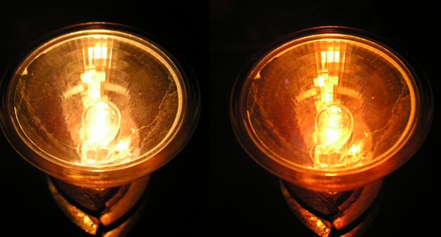 Foto von zwei Halogenlampen bei unterschiedlichen Strömen.
