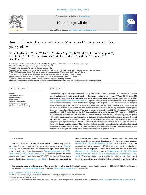 Very preterm birth, Cognitive control, Graph theory, Structural connectome, Integration and segregation, Structural equation modelling
