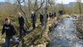 The photo shows several participants of the excursion. They are walking along a stream where some trees and shrubs are also growing.