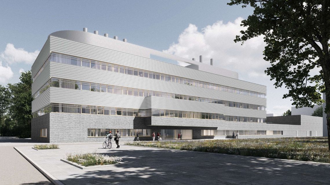 Die Visualisierung zeigt einen länglichen Bau: Die untere Etage ist hell verklinkert. Die drei Etagen darüber silbern verkleidet. Über dem Haupteingang springt das Gebäude in der ersten Etage vor. 