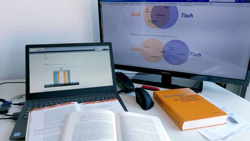 Schreibtisch mit zwei Bildschirmen, zwei aufgeschlagene Bücher bedecken die Tastatur