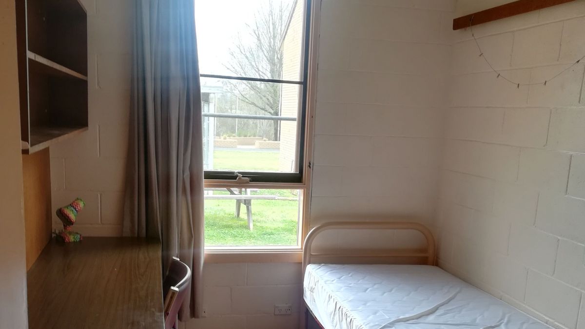 Ein einfacher Studierendenwohnheimraum an der University of New England. Ein Bett, ein Schreibtisch und ein Fenster mit Blick auf die Universität.