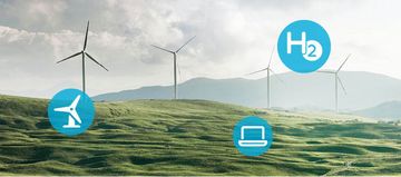 Auf dem Foto sind mehrere Windkrafträder dargestellt. Zudem befinden sich auf dem Foto verschiedene Icons zum Thema erneuerbare Energien und Nachhaltigkeit.