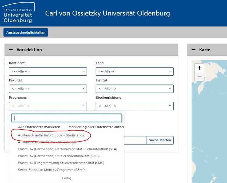 Screenshot der Datenbank "Mobility Online" mit einer Suchmaske für Austauschprogramme der Carl von Ossietzky Universität Oldenburg. Die Suchmaske bietet verschiedene Filteroptionen, wie Kontinent, Land, Fakultät und Studienrichtung. Die Zeile "Austausch Nordamerika - Studierende" unter der Filteroption "Programm" ist rot umkreist, was darauf hindeutet, dass diese Option im Fokus der aktuellen Suche oder Auswahl steht.