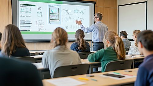 Ein Lehrer hält eine Präsentation vor Schülern in einem Klassenzimmer und benutzt einen Projektor.