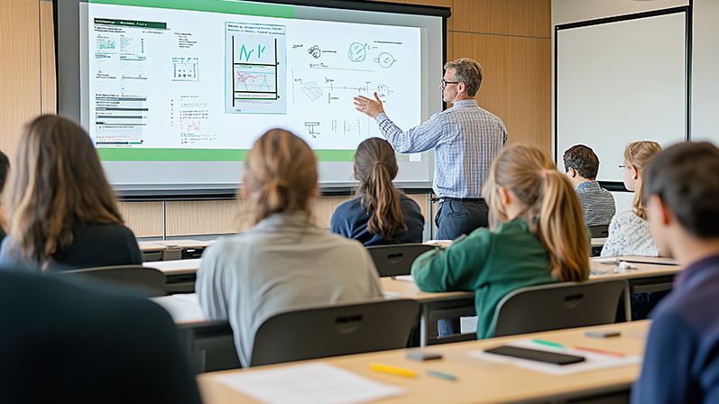 Ein Lehrer hält eine Präsentation vor Schülern in einem Klassenzimmer und benutzt einen Projektor.