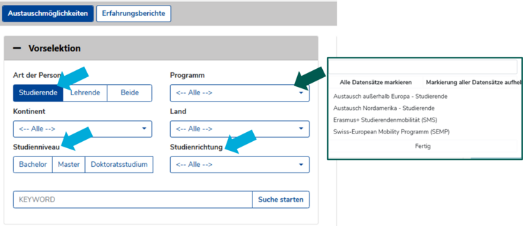 Verschiedene Filteroptionen in Mobility Online