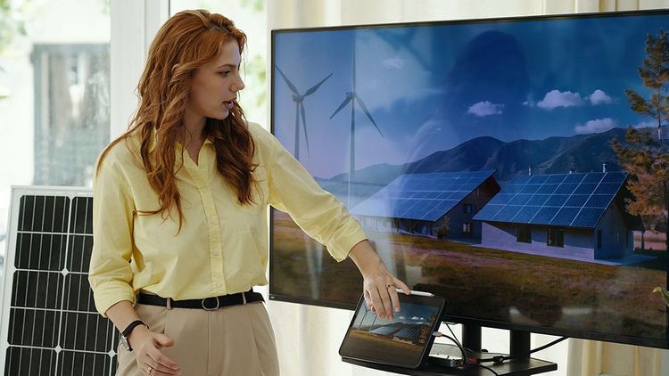 Junge Frau, die auf einen Fernsehbildschirm zeigt und ihren Bericht bei der Präsentation Windenergie vorstellt