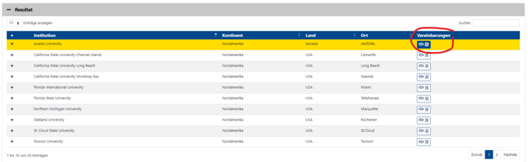 Screenshot von der Mobility online Website für die Bewerbung des Nordamerika Programms. Schritt 3: auflistung PHS 