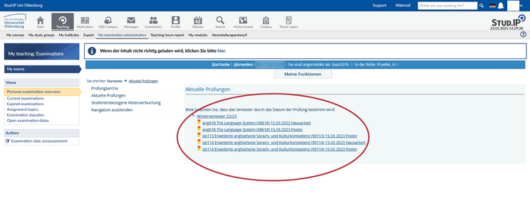 Screenshot UOL StudIP Current exams in the semester