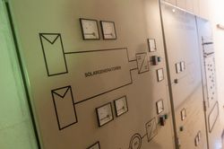 Blick von der Seite auf den Schaltschrank, man sieht Fenster mit analogen Messzeigern sowie rote und grüne quadratische Lampen. 