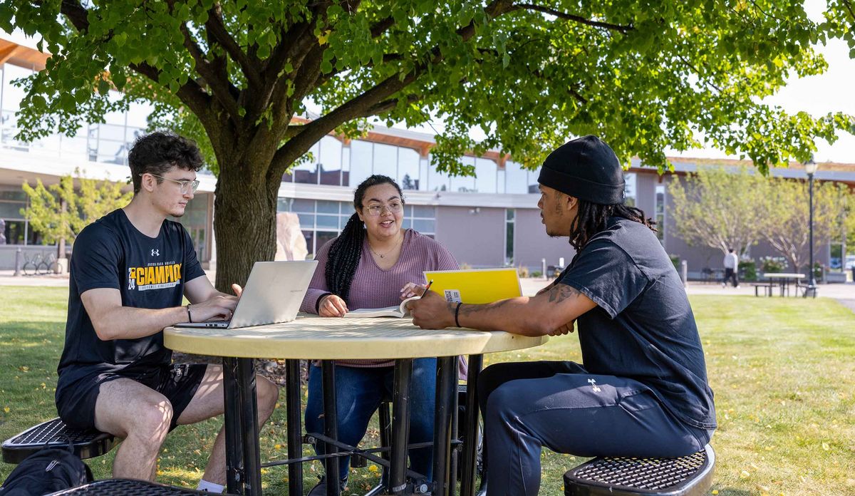 Drei Studierende sitzen an einem Tisch im Freien und lernen. Bäume und Gebäude der UWS im Hintergrund.