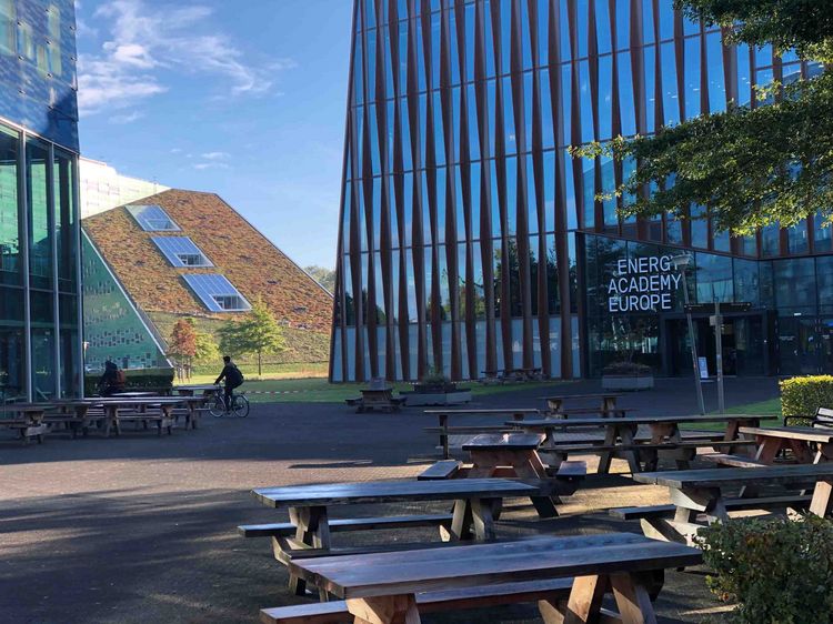 The modern building of the Energy Academy Europe at the Zernike Campus in Groningen.