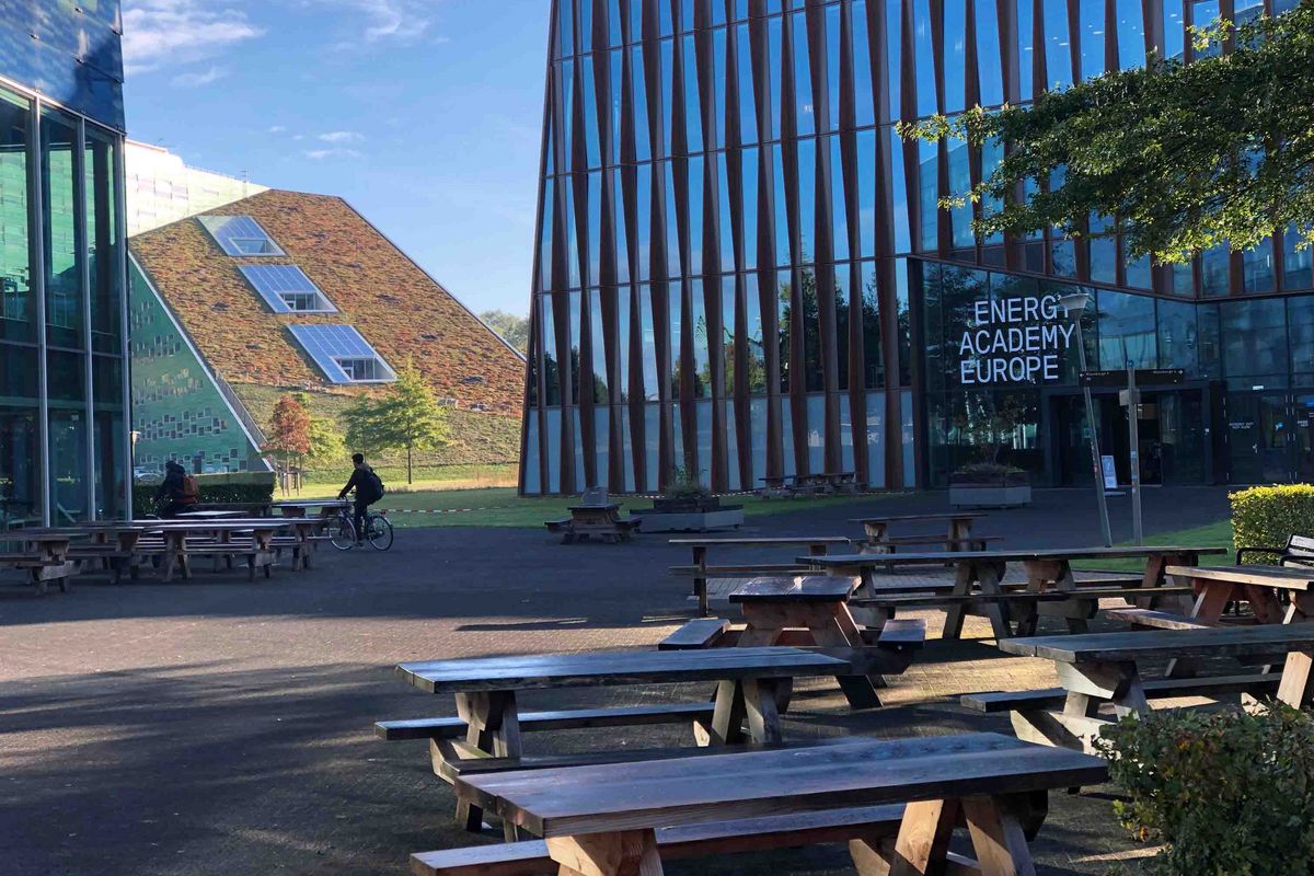 The modern building of the Energy Academy Europe at the Zernike Campus in Groningen.