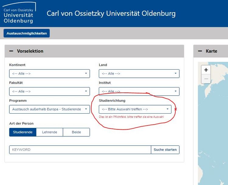 Screenshot der Datenbank "Mobility Online" mit einer Suchmaske für Austauschprogramme der Carl von Ossietzky Universität Oldenburg. Die Suchmaske bietet verschiedene Filteroptionen, wie Kontinent, Land, Fakultät und Studienrichtung. Derzeit ist das Dropdown-Menü "Studienrichtung" fokussiert und durch eine rote Umrandung hervorgehoben, was darauf hindeutet, dass der*die Benutzer*in aufgefordert wird, hier eine Auswahl zu treffen.