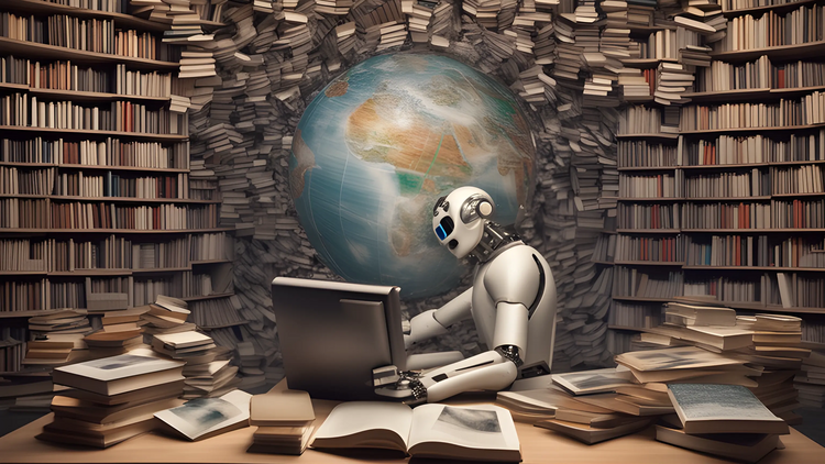 KI-generierte Grafik, ein Roboter sitzt an einem Schreibtisch, auf dem verschiedene aufgeschlagene Bücher und Bücherstapel liegen. Er schaut in einen Laptop, im Hintergrund Bücherregale und eine Weltkugel.