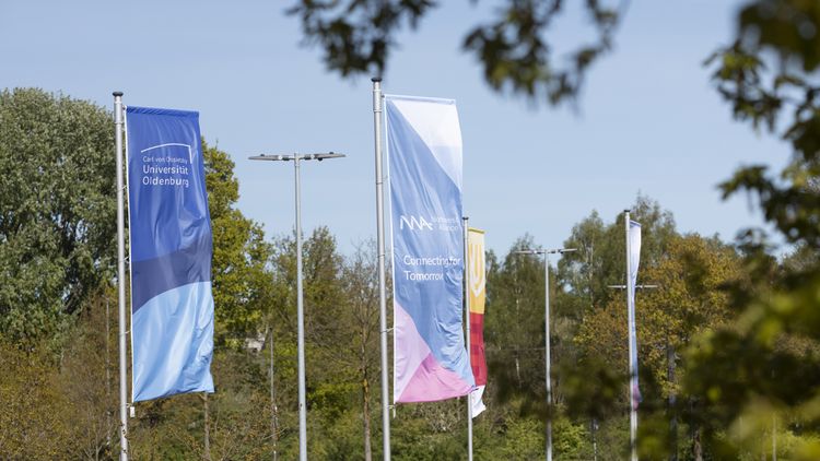 The three flags of the University of Oldenburg, the Northwest Alliance and the University of Bremen flying from flagpoles against a backdrop of trees and a blue sky. 