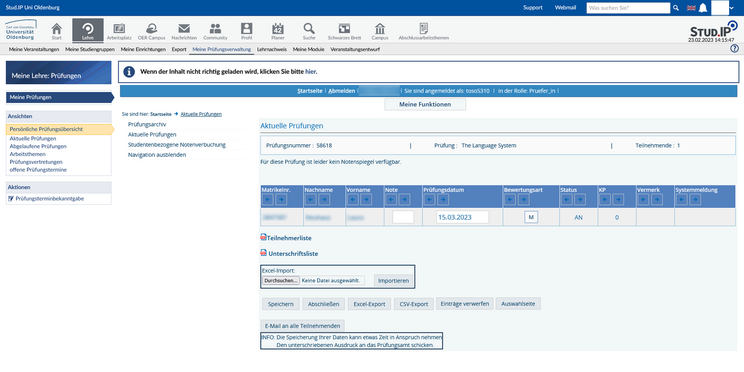 Screenshot UOL StudIP Aktuelle Prüfungen - Noteneintragung