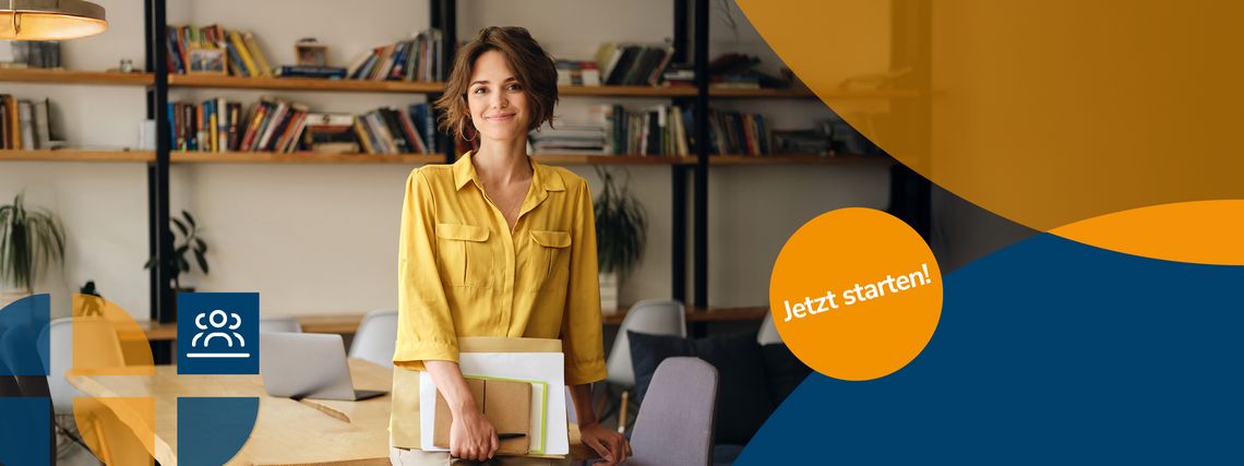 Header image Education and Science Management (MBA) the image shows a young woman in an office with books and notes in her hands