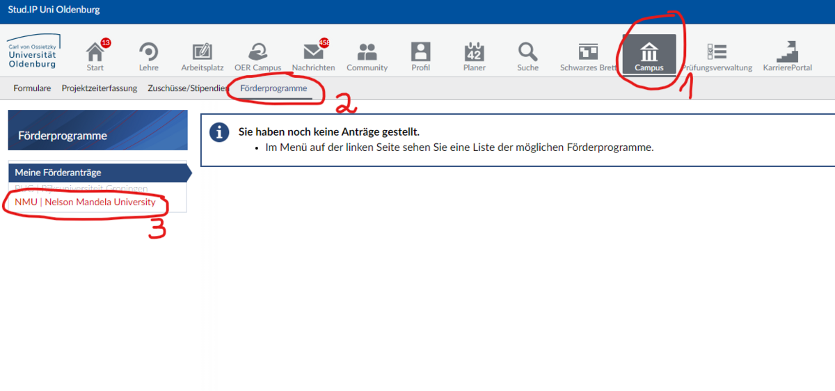 Screenshot der Stud.IP-Oberfläche der Universität Oldenburg, die die Seite für Förderprogramme darstellt. Die Seite ist in drei nummerierte Schritte unterteilt, die den Nutzer durch den Prozess führen.  1.) Oben befindet sich die Stud.IP-Navigationsleiste mit Icons für Start, Lehre, Arbeitsplatz, OER Campus, Nachrichten, Community, Profil, Planer, Suche und das Schwarze Brett. Dann folgt Campus rot umrahmt als Schritt 1. Daneben sind noch die Icons Prüfungsverwaltung und KarrierePortal. 2.) Im nächsten Schritt wird unter den Reitern Formulare, Projektzeiterfassung, Zuschüsse/Stipendien/Förderprogramme der Reiter Förderprogramme gewählt. Im Hauptbereich der Seite wird die Nutzer*in nun darüber informiert, dass noch keine Förderanträge gestellt wurden und erhält den Hinweis, die Liste der verfügbaren Programme auf der linken Seite zu finden. 3.) Links befindet sich eine Navigationsleiste, die unter anderem die Option "Förderprogramme" anbietet und eine Liste von Universitäten zeigt, darunter die Nelson Mandela University, was auf eine bestehende Kooperation hinweist.  Das Bild zeigt die Oberfläche, über die Studierende der Universität Oldenburg Informationen zu Förderprogrammen finden und Anträge stellen können, wobei die nummerierten Schritte eine klare Orientierung bieten.