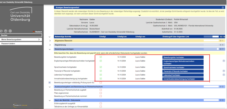 Screenshot: Bewerbungsunterlagen mobility online