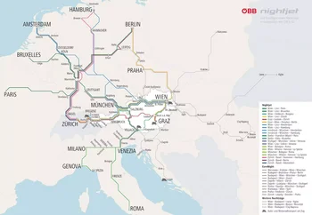 Auf dem Bild sieht man eine Karte von Mitteleuropa. Darauf sind die verschiedenen Verbindungen von Nachtzügen dargestellt.