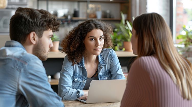 The picture shows three people in a counselling session.