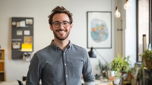 Porträt eines jungen lächelnden Mannes oder Geschäftsmannes, der in einem kreativen Büro steht