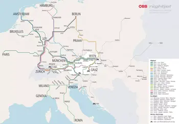 Auf dem Bild sieht man eine Karte von Mitteleuropa. Darauf sind die verschiedenen Verbindungen von Nachtzügen dargestellt.