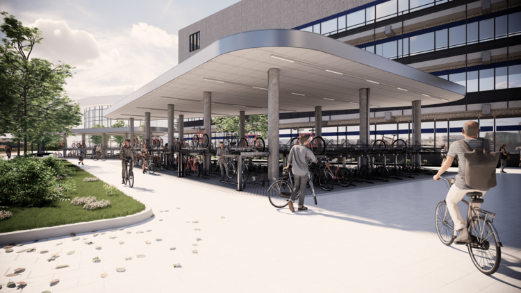 The picture shows the simulation of the finished system. People can be seen pushing bicycles into the system or taking them out of it. The sun is shining and A 2 can be seen in the background.