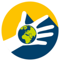 Key visual for the area of participation. Shows a hand with the motif of the globe in the palm.