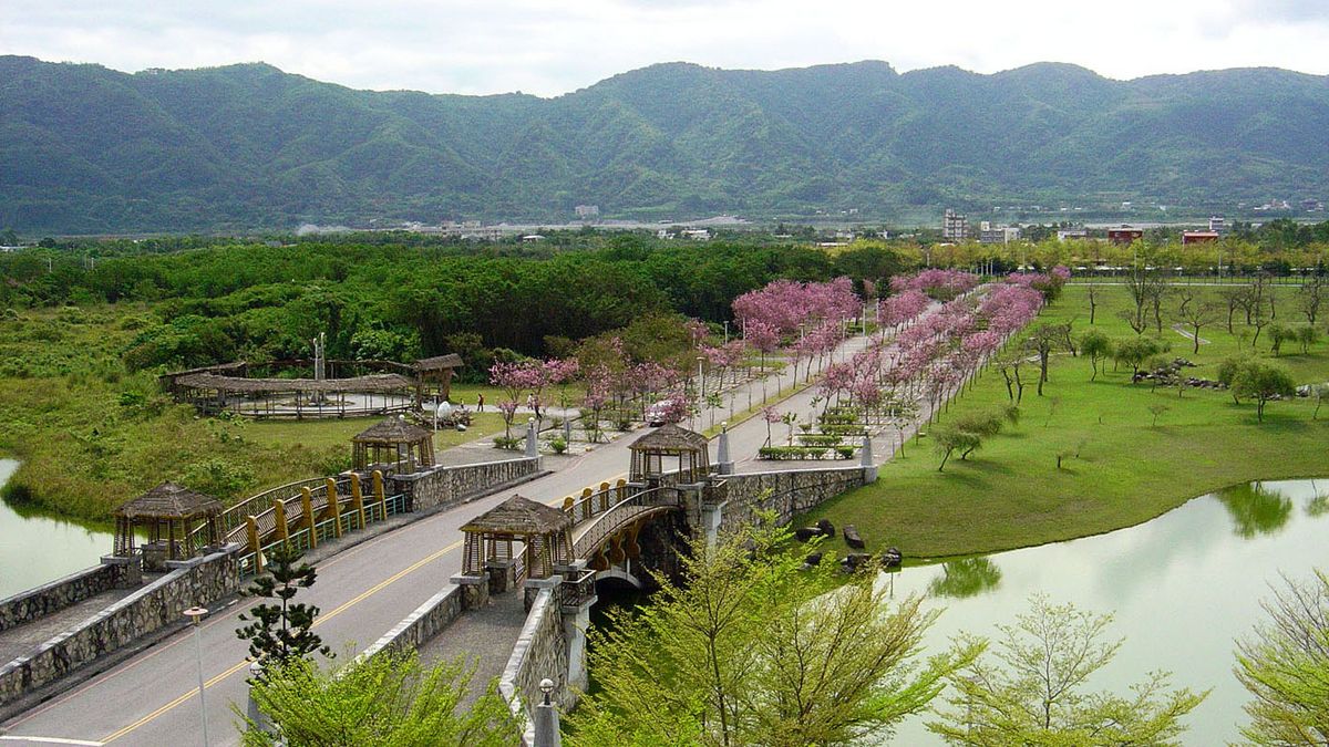 A picturesque landscape with a bridge, blossoming trees and rolling hills