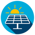 The image is the key visual for the energy sector and shows a light blue circle with a graphic of a sun above a PV system.
