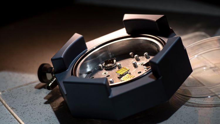 Close-up of a bracket with the small silicon wafer in the middle. 