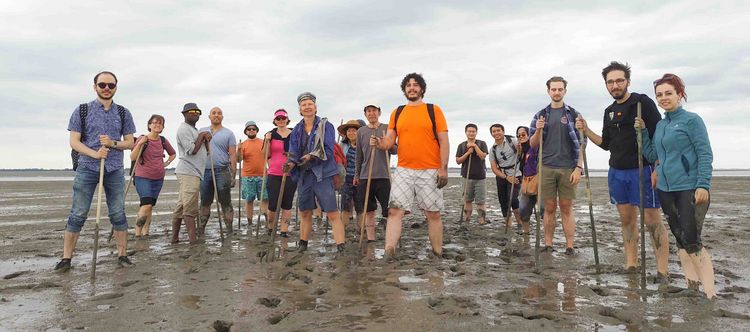 Eine Gruppe von 15 Menschen bei einer Wattwanderung im Schlamm. Viele benutzen Spazierstöcke. Im Hintergrund Meer und bewölkter Himmel.