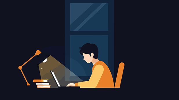 Symbolgrafik Student im Dunkeln am Laptop